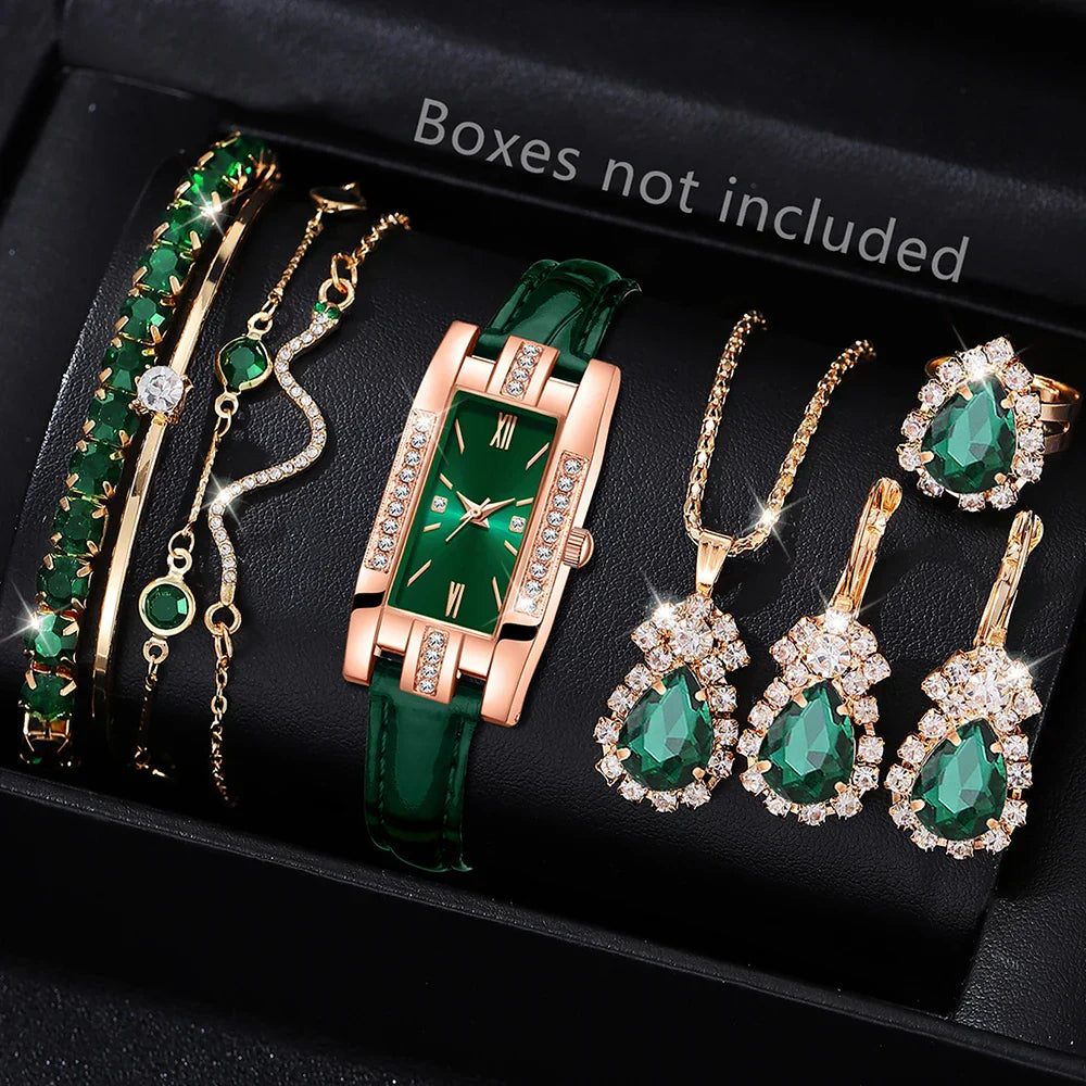 Green Women’s Quartz Watch Jewelry Gift Set