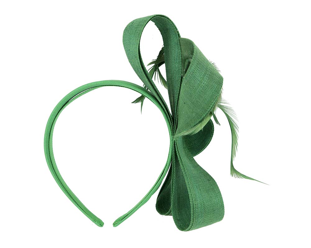 Green abaca loops and feathers racing fascinator by Fillies Collection
