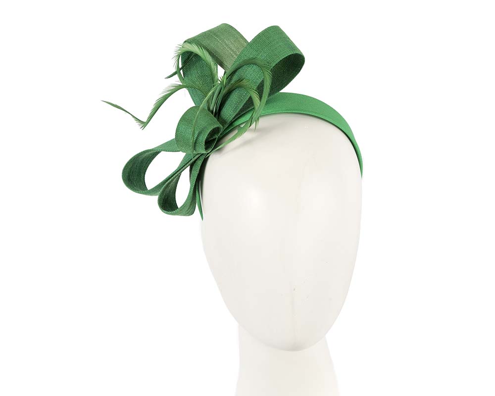 Green abaca loops and feathers racing fascinator by Fillies Collection
