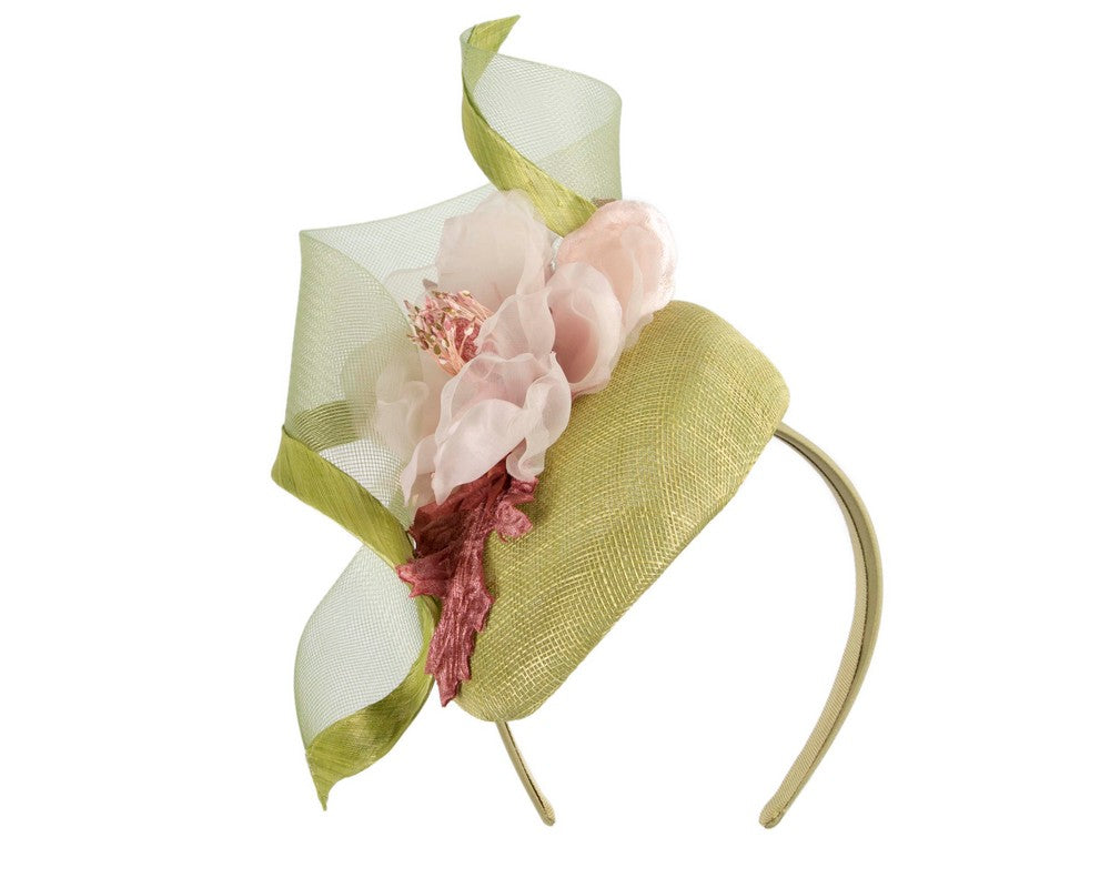 Lime & pink pillbox fascinator with flower by Fillies Collection
