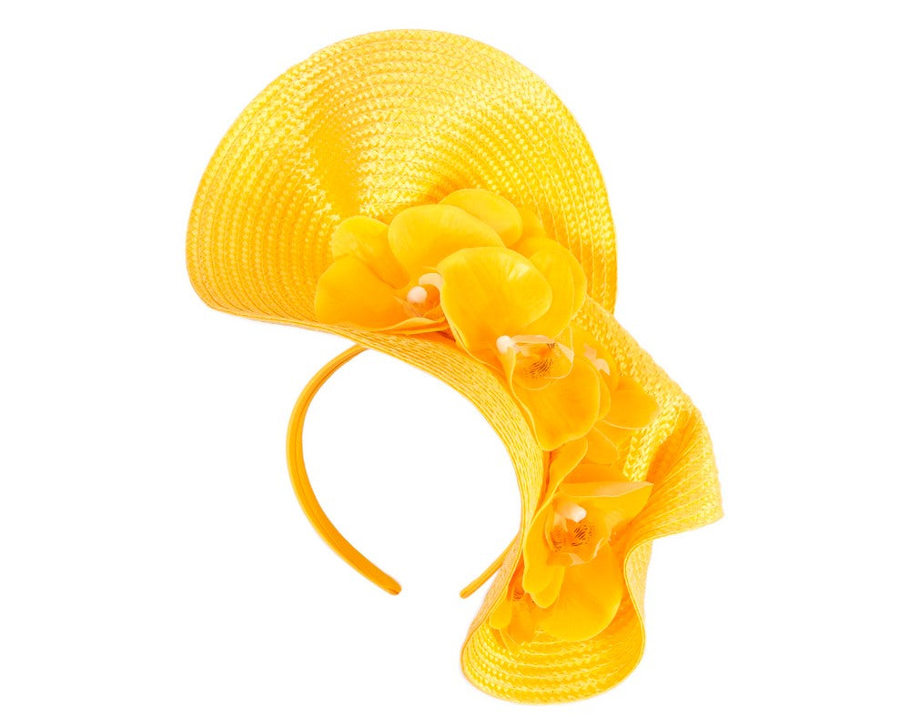 Large yellow fascinator with orchids by Fillies Collection-1