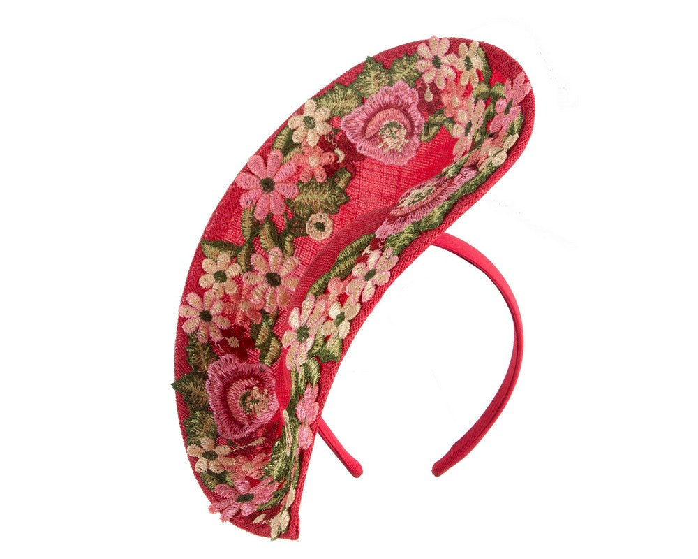 Floral Embroidered Red Fascinator by Fillies Collection-1