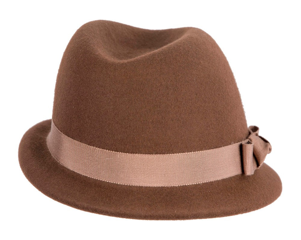 Chocolate brown short brim felt ladies fedora hat-5
