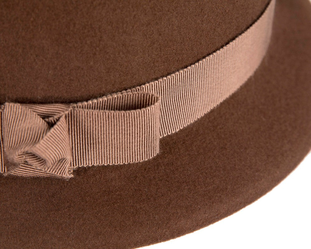 Chocolate brown short brim felt ladies fedora hat-4