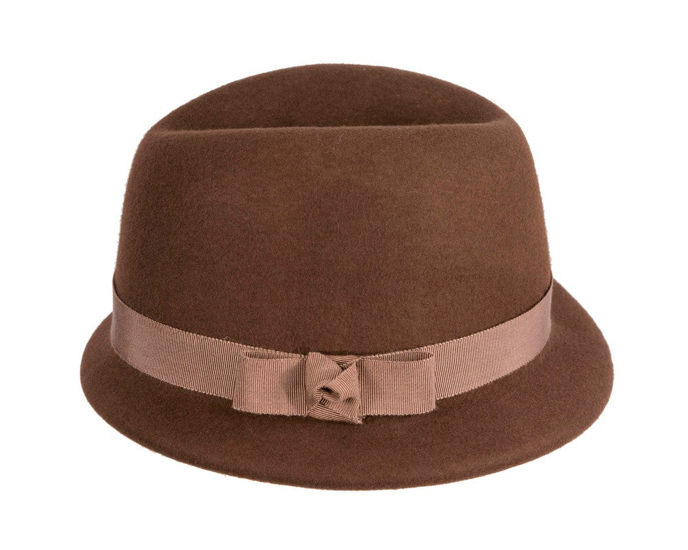 Chocolate brown short brim felt ladies fedora hat-3