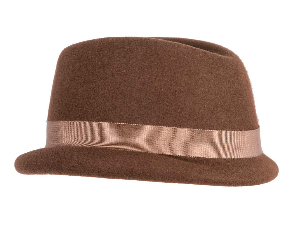 Chocolate brown short brim felt ladies fedora hat-2