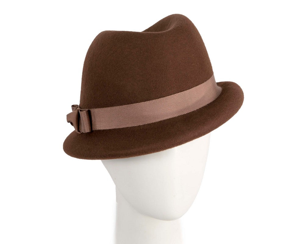 Chocolate brown short brim felt ladies fedora hat-0