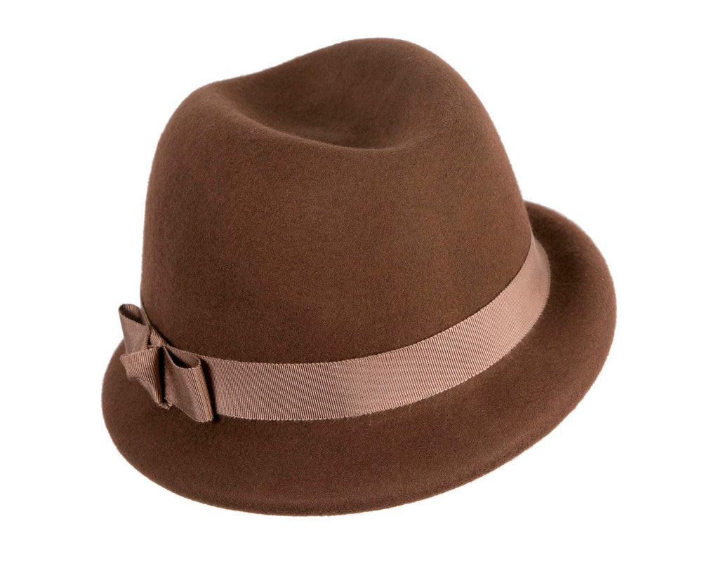 Chocolate brown short brim felt ladies fedora hat-1