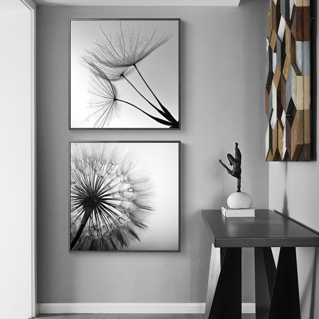NNEDSZ Wall Art 60cmx60cm Black and white dandelion 2 Sets Black Frame Canvas-1