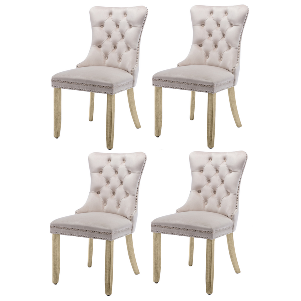 NNEDSZ 4x Velvet Dining Chairs Upholstered Tufted Kithcen Chair with Solid Wood Legs Stud Trim and Ring-Beige