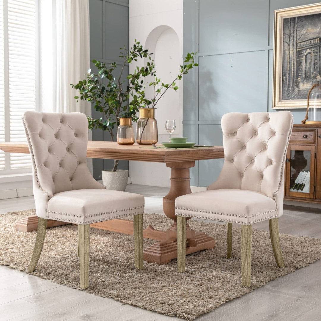 NNEDSZ 4x Velvet Dining Chairs Upholstered Tufted Kithcen Chair with Solid Wood Legs Stud Trim and Ring-Beige