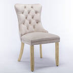 NNEDSZ 4x Velvet Dining Chairs Upholstered Tufted Kithcen Chair with Solid Wood Legs Stud Trim and Ring-Beige