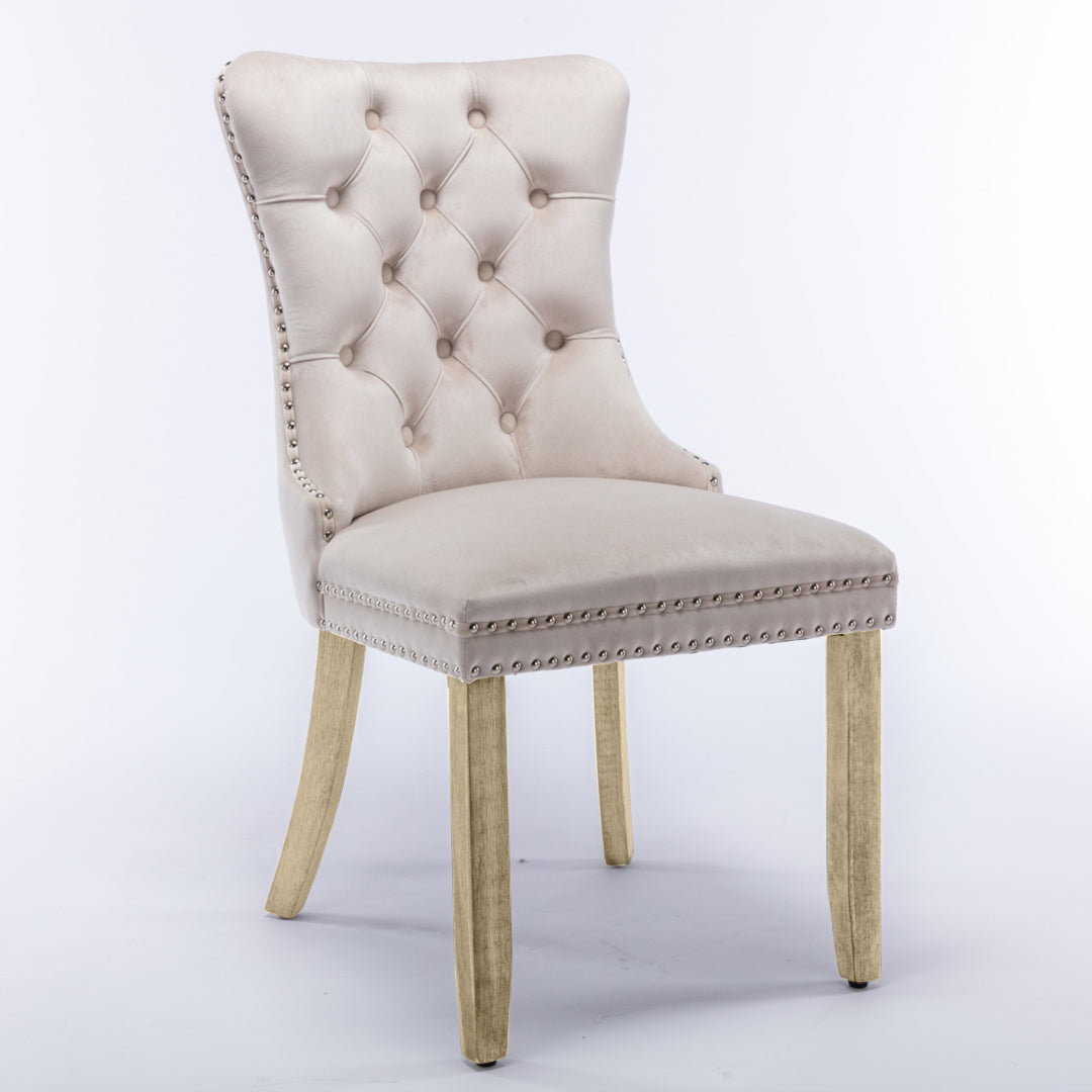 NNEDSZ 4x Velvet Dining Chairs Upholstered Tufted Kithcen Chair with Solid Wood Legs Stud Trim and Ring-Beige