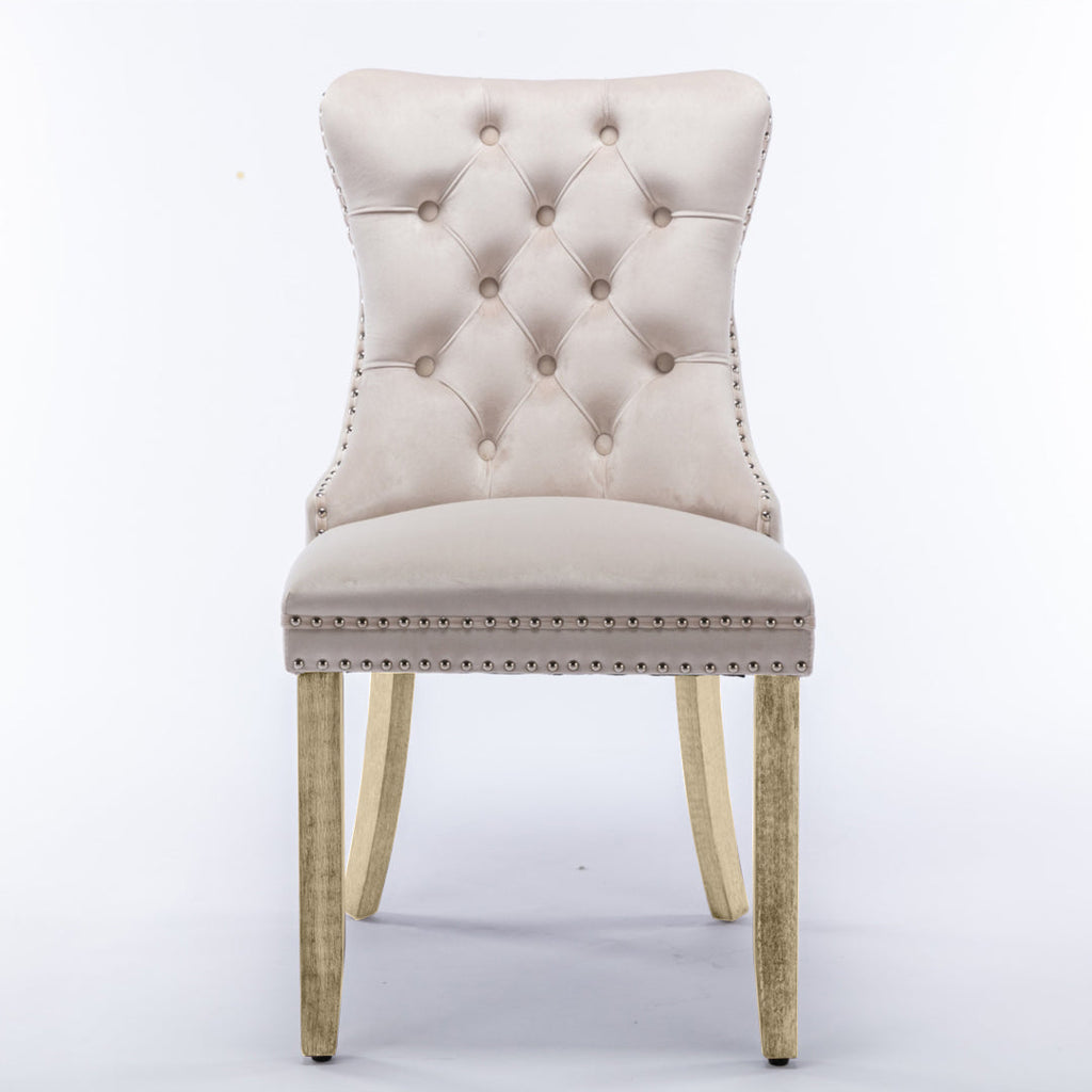 NNEDSZ 4x Velvet Dining Chairs Upholstered Tufted Kithcen Chair with Solid Wood Legs Stud Trim and Ring-Beige