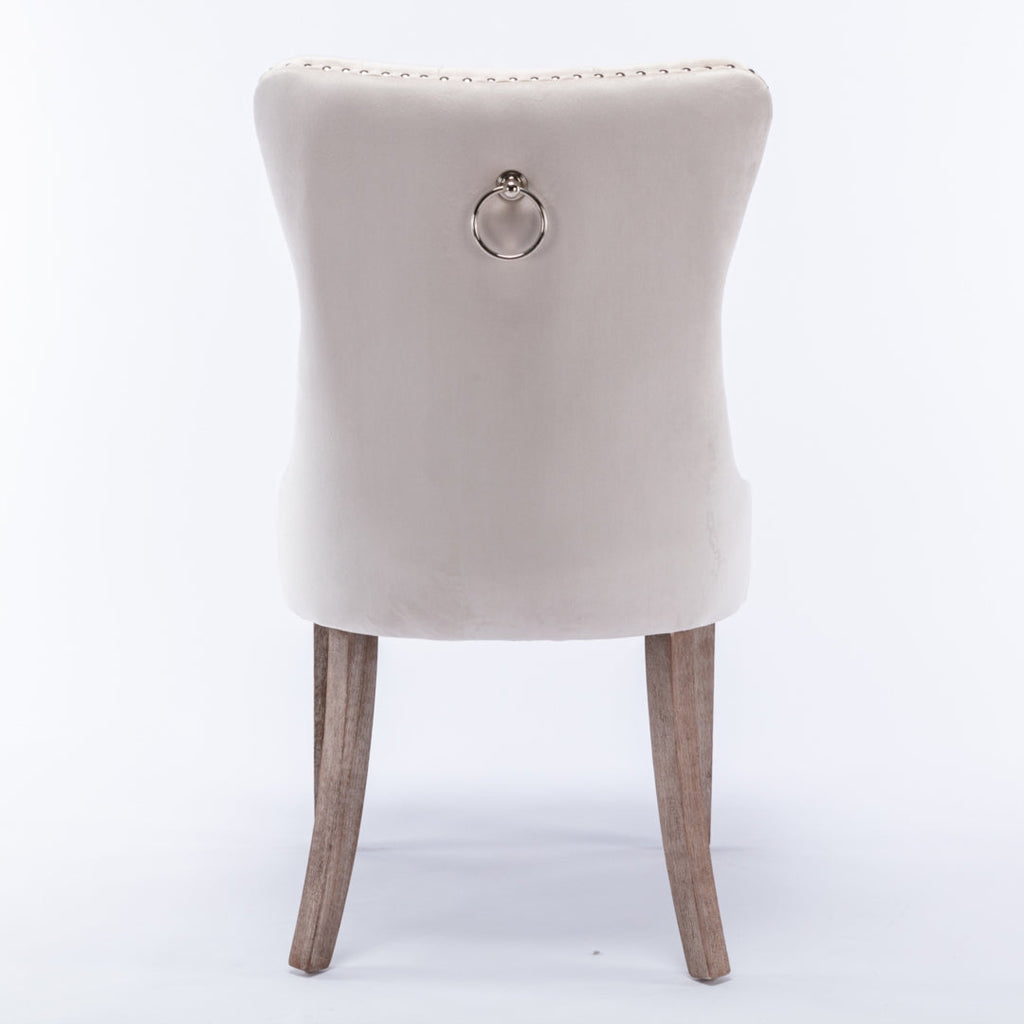 NNEDSZ 4x Velvet Dining Chairs Upholstered Tufted Kithcen Chair with Solid Wood Legs Stud Trim and Ring-Beige