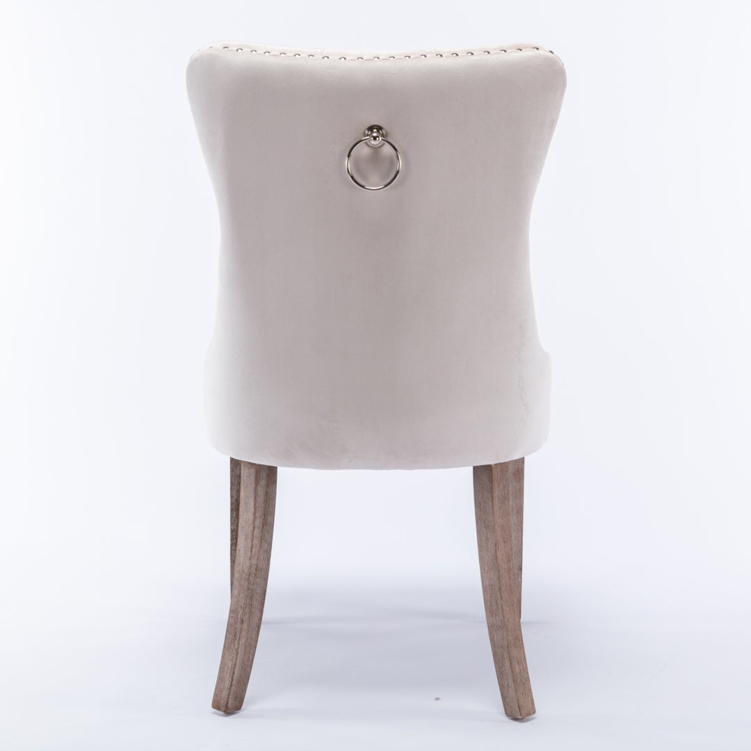 NNEDSZ 4x Velvet Dining Chairs Upholstered Tufted Kithcen Chair with Solid Wood Legs Stud Trim and Ring-Beige