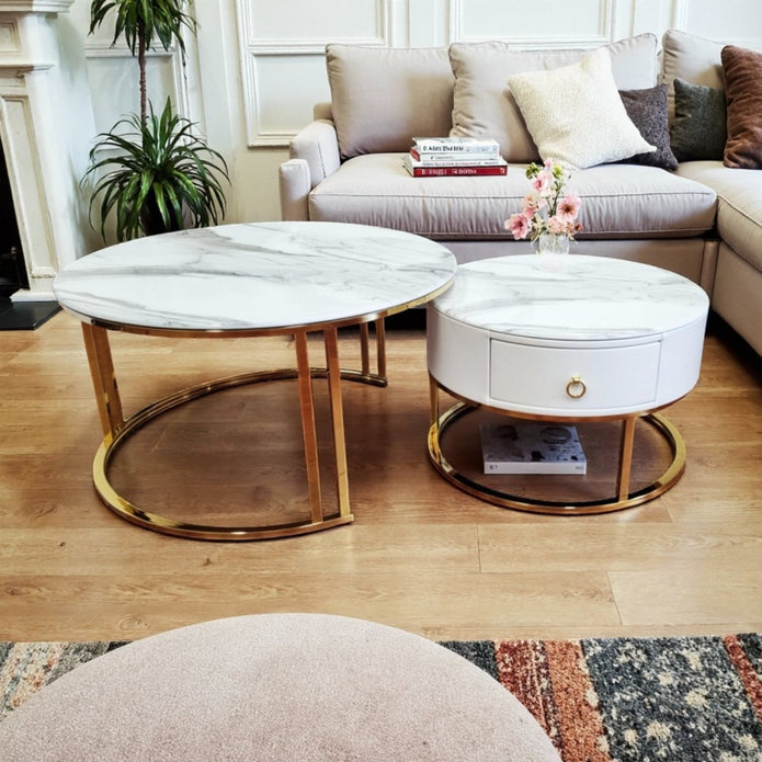 Snowy Mountain Faux Modern Marble Slate Nesting Coffee Table Set Leather Wrapped Wood Drawers-1