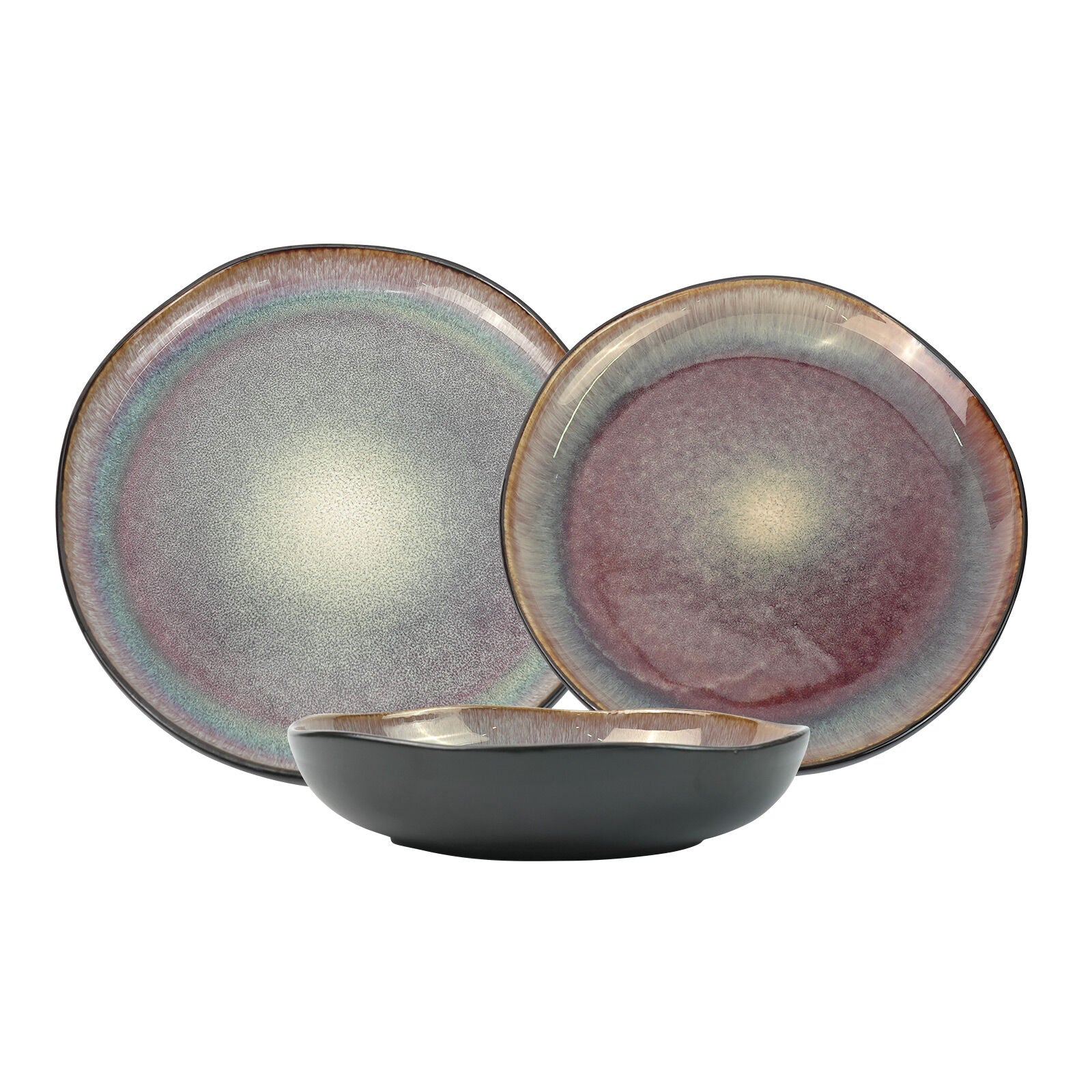 NNEDSZ 3 Pieces Reactive Glazed Ceramic Organic Fine Dinner Set with Plate and Bowl EARTHY BLUE BROWN