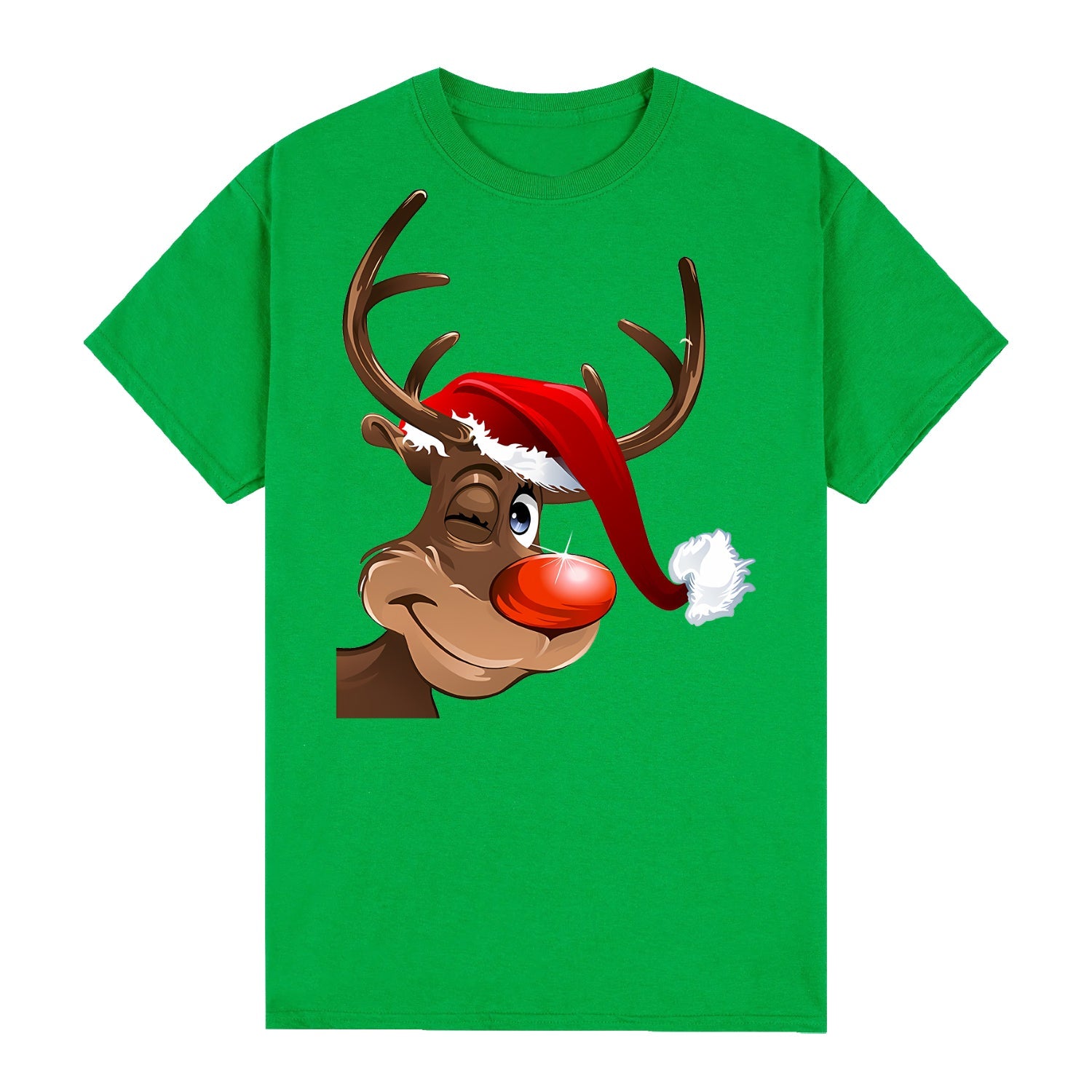 NNEDSZ 100% Cotton Christmas T-shirt Adult Unisex Tee Tops Funny Santa Party Custume, Reindeer Wink (Green), 3XL-0