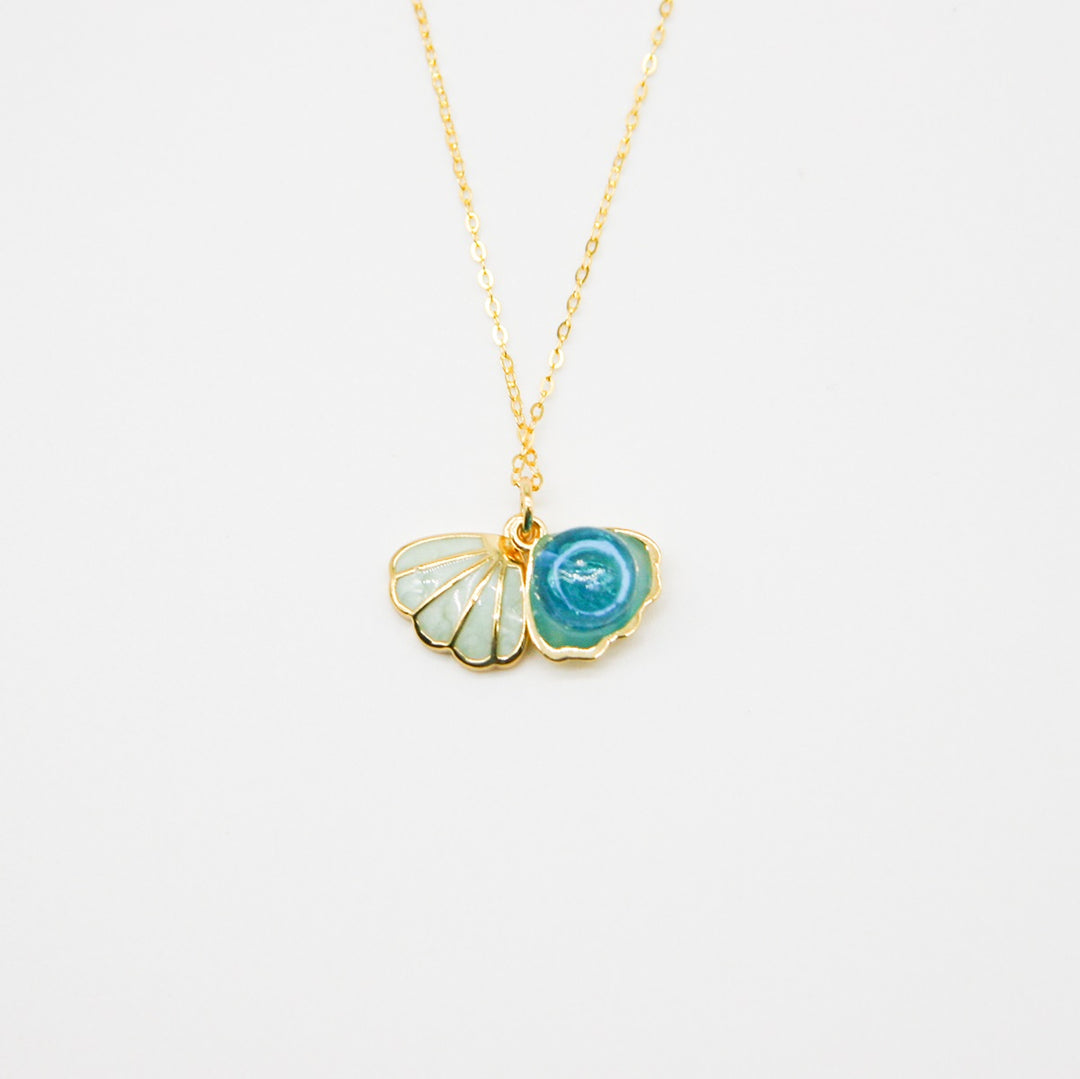 NNEDSZ Gift Box - Aroma Necklace 925 Silver, Gold coated - Green Shell Ocean Breeze (Light blue) + Purify Oil Blend