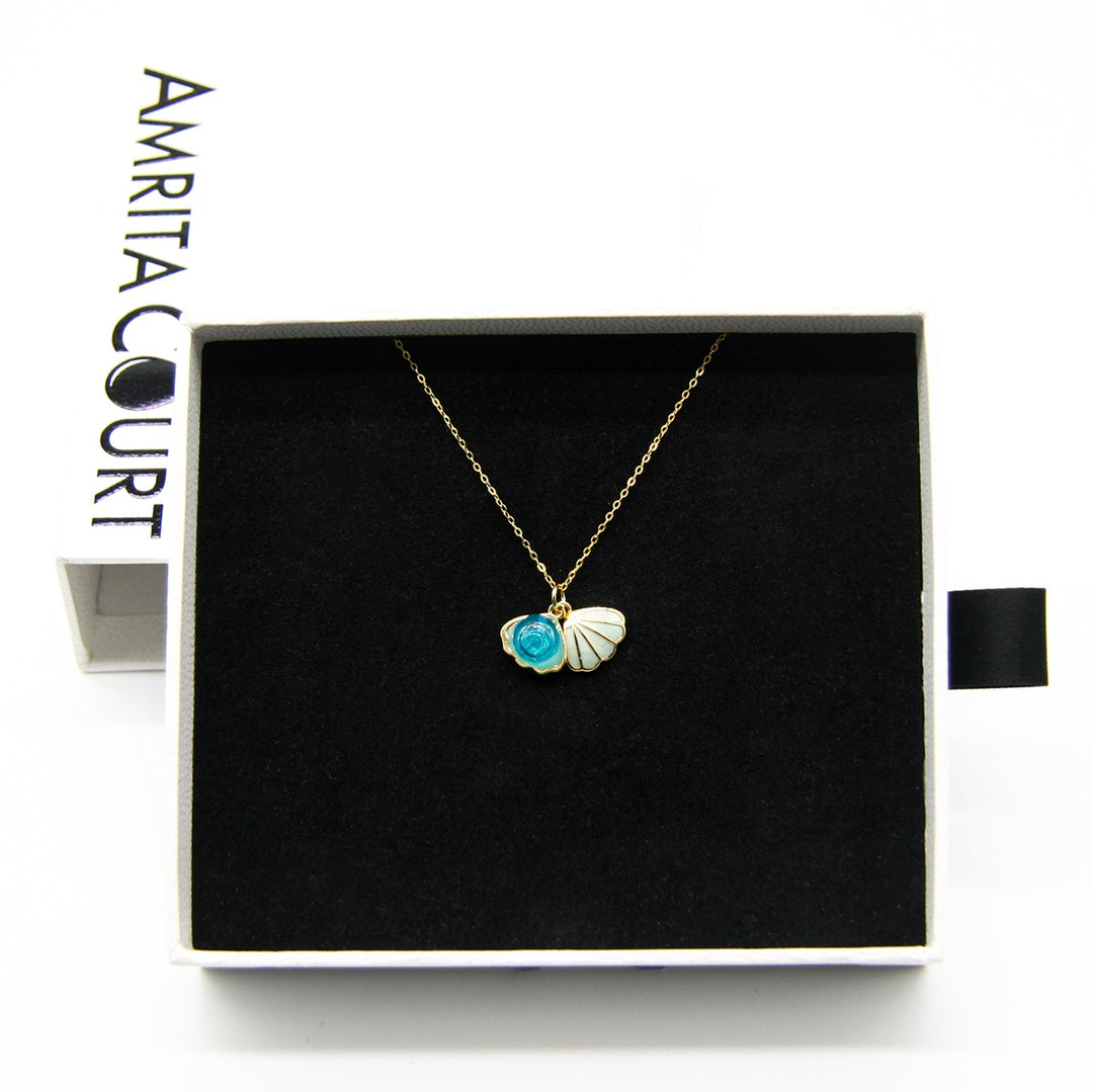 NNEDSZ Gift Box - Aroma Necklace 925 Silver, Gold coated - Green Shell Ocean Breeze (Light blue) + Purify Oil Blend