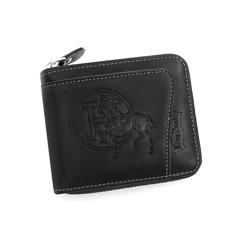 NNEDSZ Black Men's Leather Wallet with Zipper and Horse Embossed Design -  Compact and Stylish