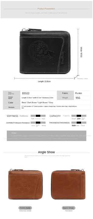 NNEDSZ Black Men's Leather Wallet with Zipper and Horse Embossed Design -  Compact and Stylish