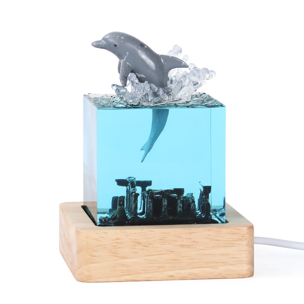 NNEDSZ Ancient Architecture Dolphin Leaping into the Water Handcrafted Ocean Resin Whale Night Light - Unique Home Decor Table Lamp-0