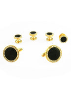 Black Circular Enamel with CZ Border Gold Edge Studs and Cufflinks Set-0