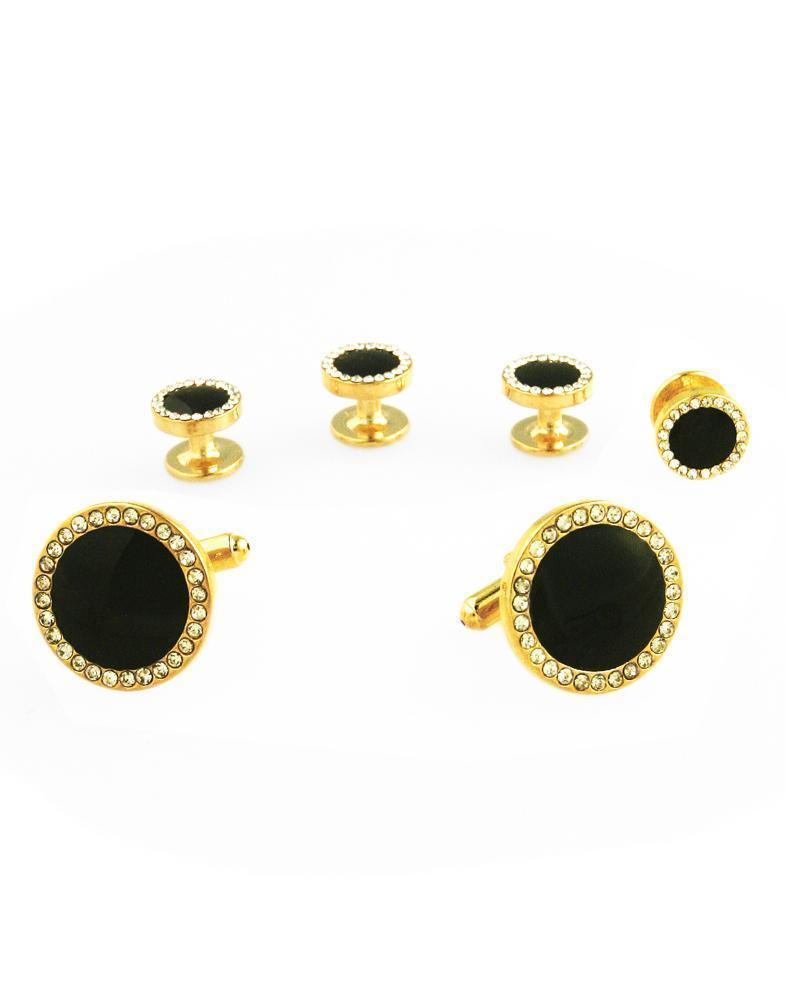 Black Circular Enamel with CZ Border Gold Edge Studs and Cufflinks Set-0