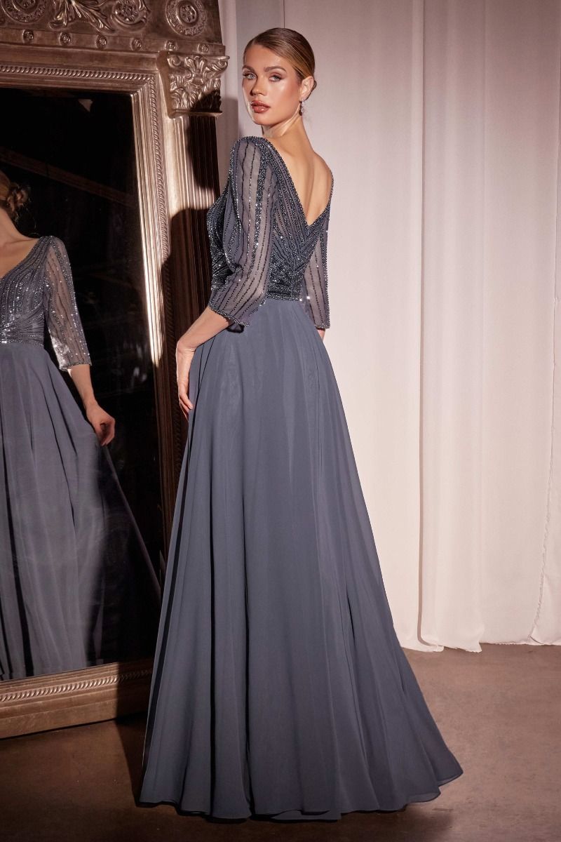 Three Quarter Sleeve Beaded Chiffon Dress-1