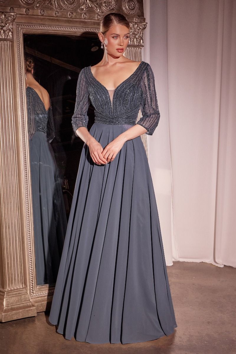 Three Quarter Sleeve Beaded Chiffon Dress-0