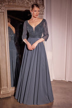 Three Quarter Sleeve Beaded Chiffon Dress-0