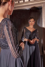 Three Quarter Sleeve Beaded Chiffon Dress-3