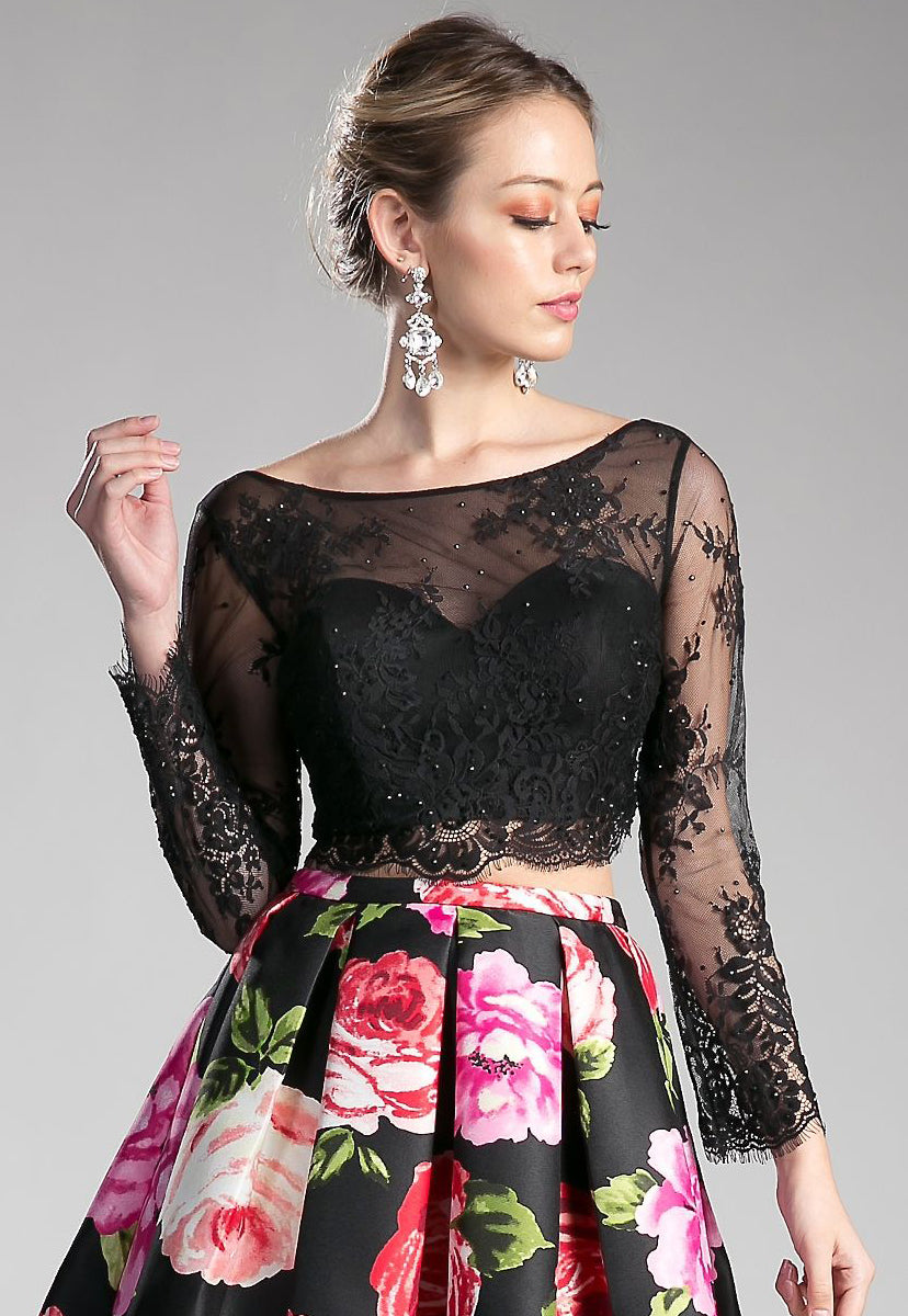 Beaded long sleeve lace crop top. TOP ONLY-0