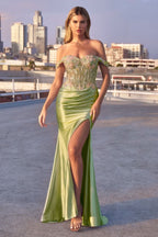 Off The Shoulder Floral Beaded & Satin Gown-3