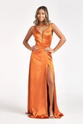 Satin V-Neck Sheer Side A-Line Long Dress-4