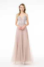 Jewel Embellished Bodice Mesh A-Line Dress w/ Strap Back-1