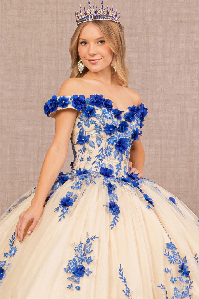 3-D Flower Embroidery Off Shoulder Mesh Quinceanera Gown-3