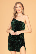 Asymmetric Velvet Bodycon Short Dress w/ Sequin-2