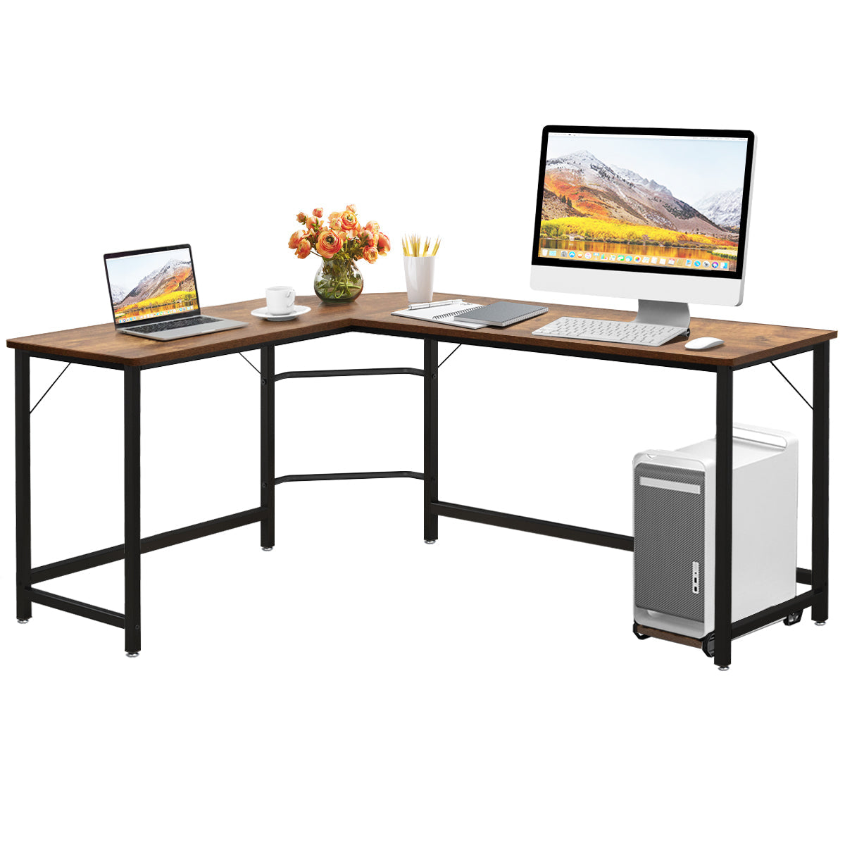 NNECW Wood L-Shaped Computer Desk with Adjustable Foot Pad