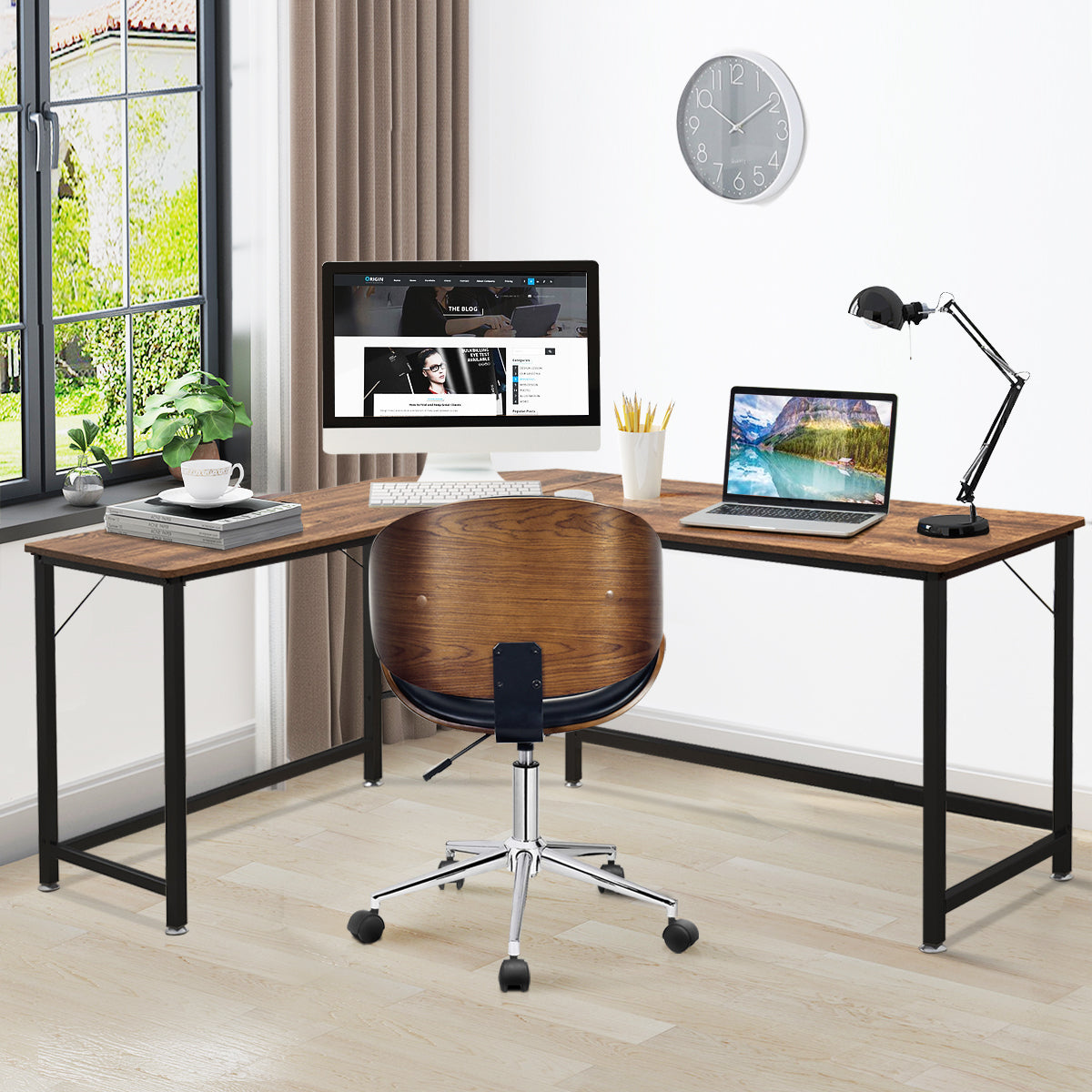 NNECW Wood L-Shaped Computer Desk with Adjustable Foot Pad