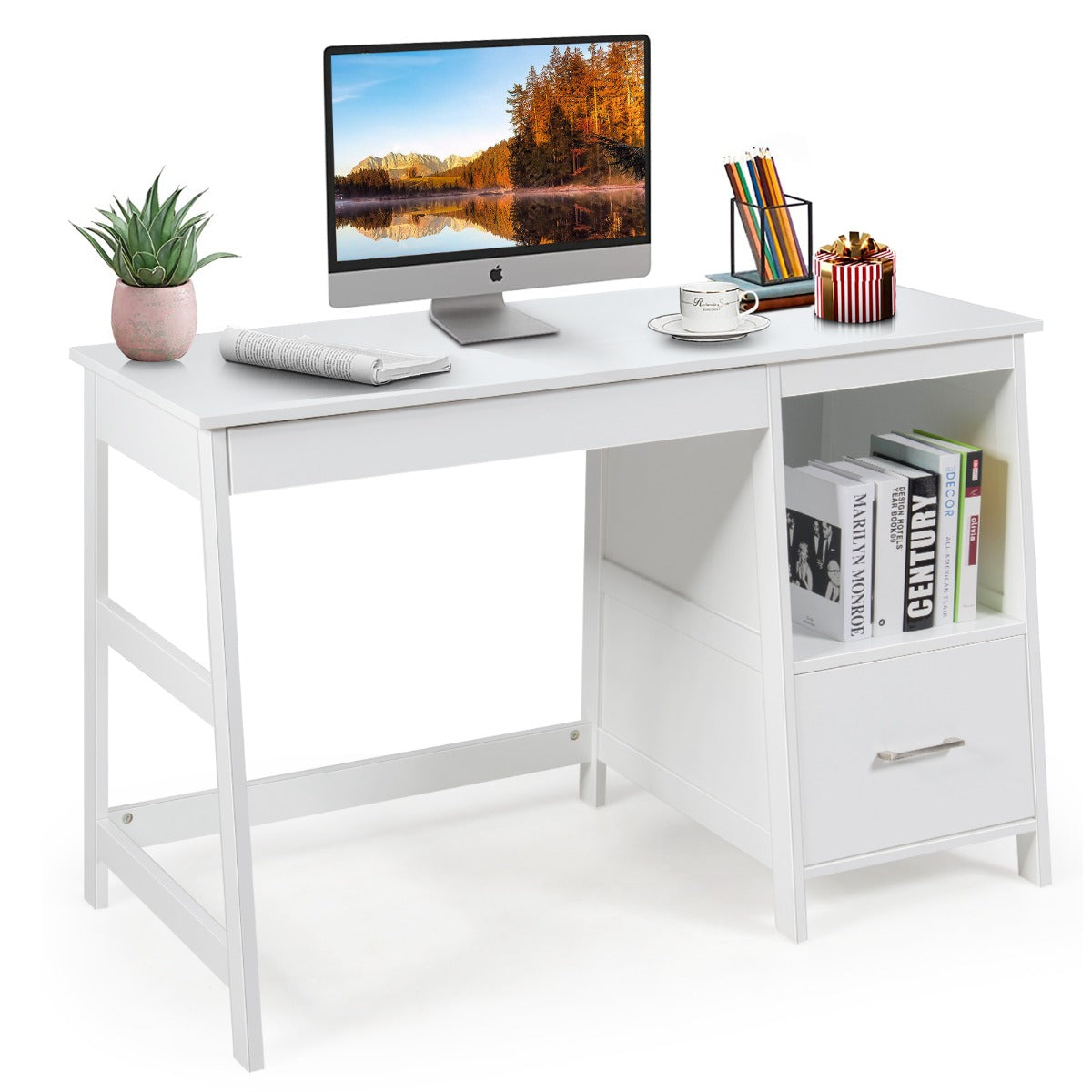 NNECW White Computer Laptop Workstation Drawers Shelf with Spacious Room for Office