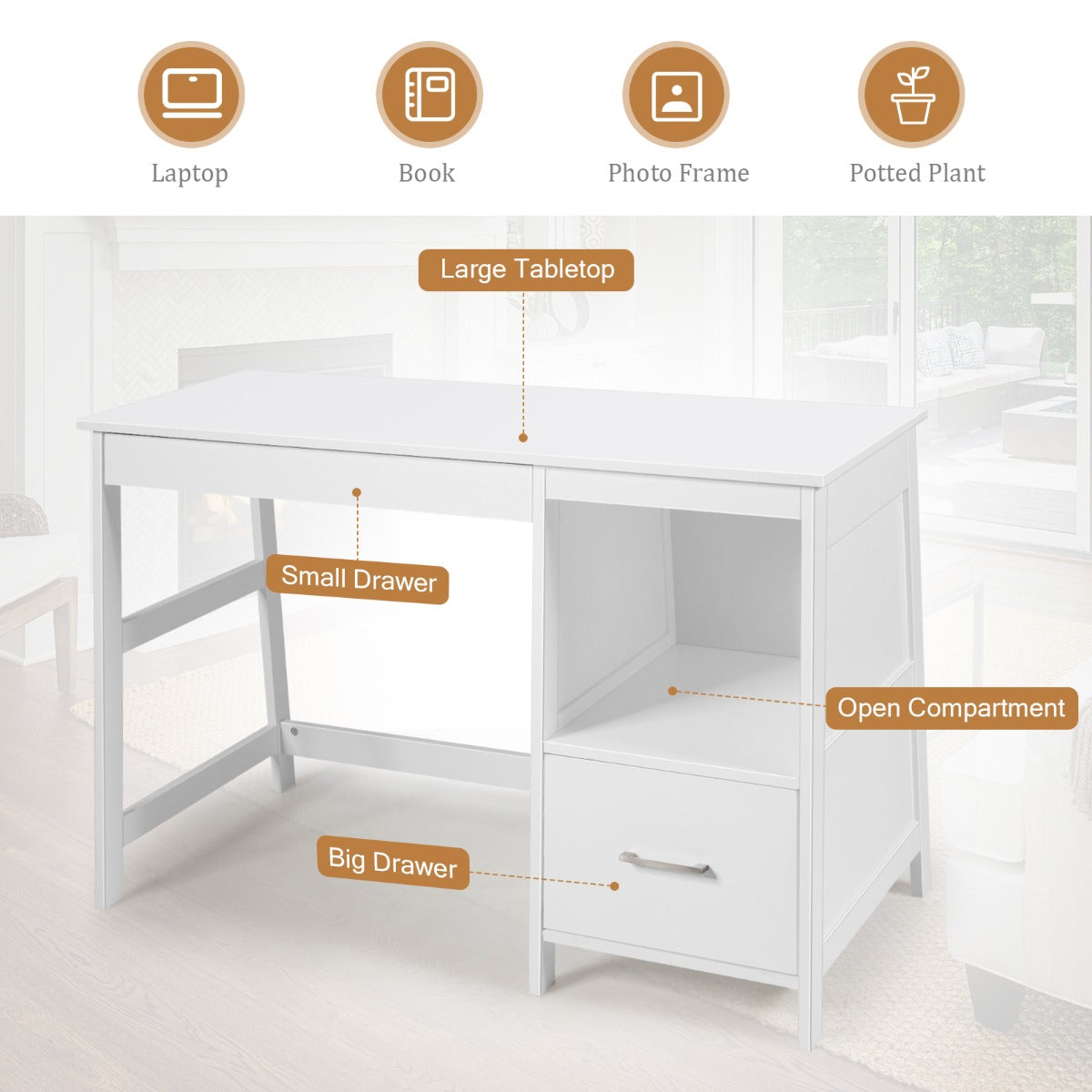 NNECW White Computer Laptop Workstation Drawers Shelf with Spacious Room for Office