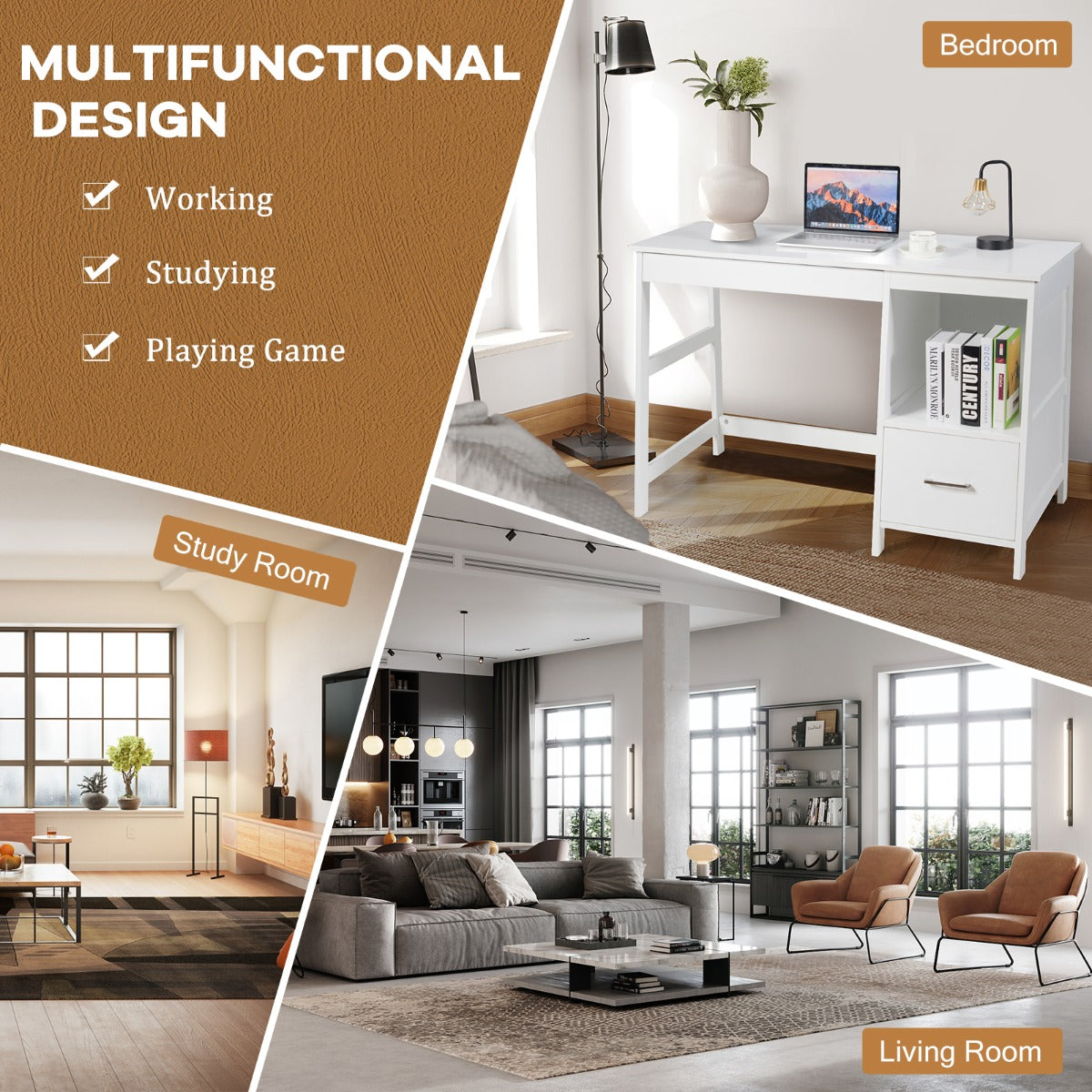 NNECW White Computer Laptop Workstation Drawers Shelf with Spacious Room for Office