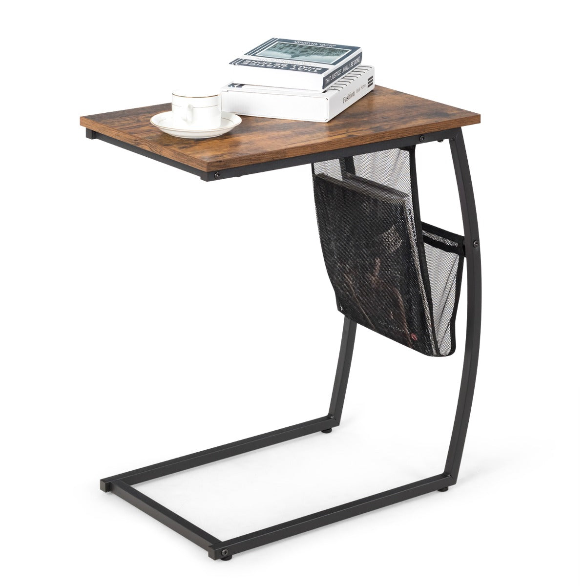 NNECW C-shaped End Table with Side Pocket for Living Room, Bedroom