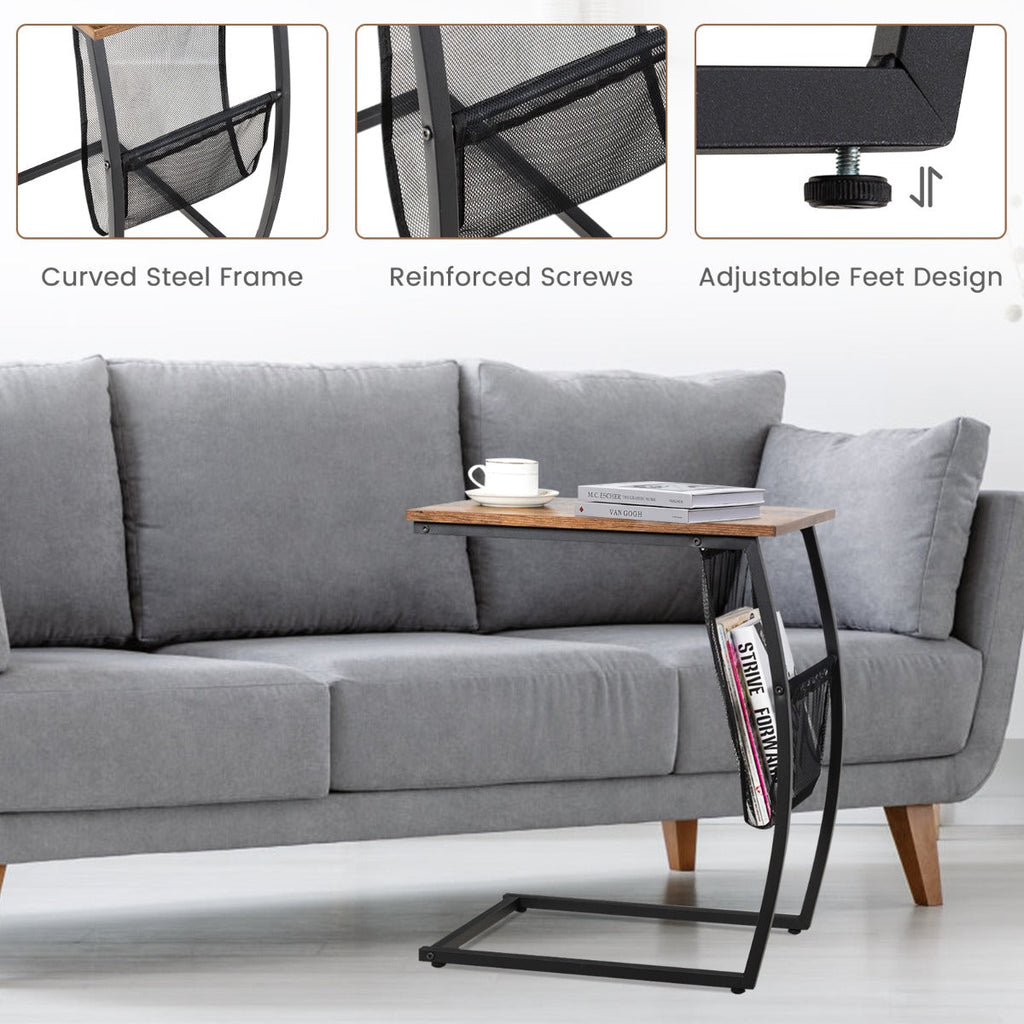 NNECW C-shaped End Table with Side Pocket for Living Room, Bedroom