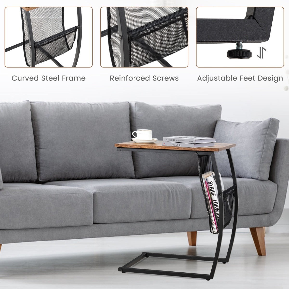 NNECW C-shaped End Table with Side Pocket for Living Room, Bedroom