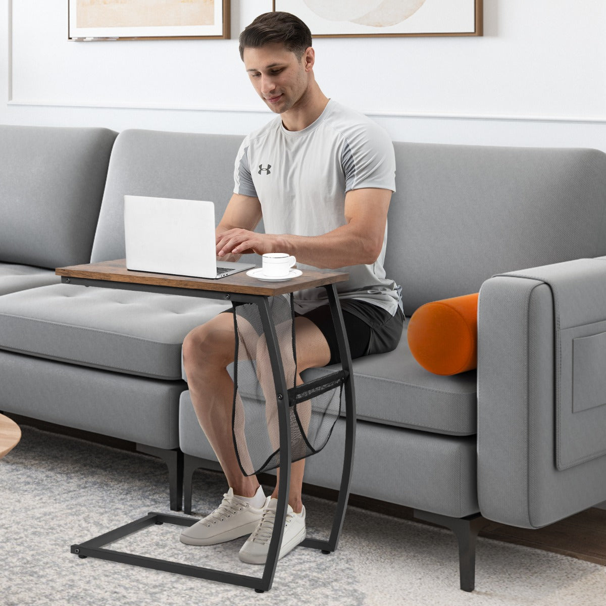 NNECW C-shaped End Table with Side Pocket for Living Room, Bedroom