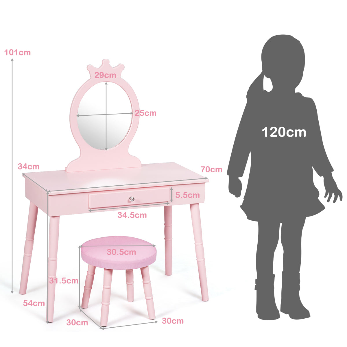 NNECW Vanity Makeup Table Set with Real Mirror for Little Girls Pink